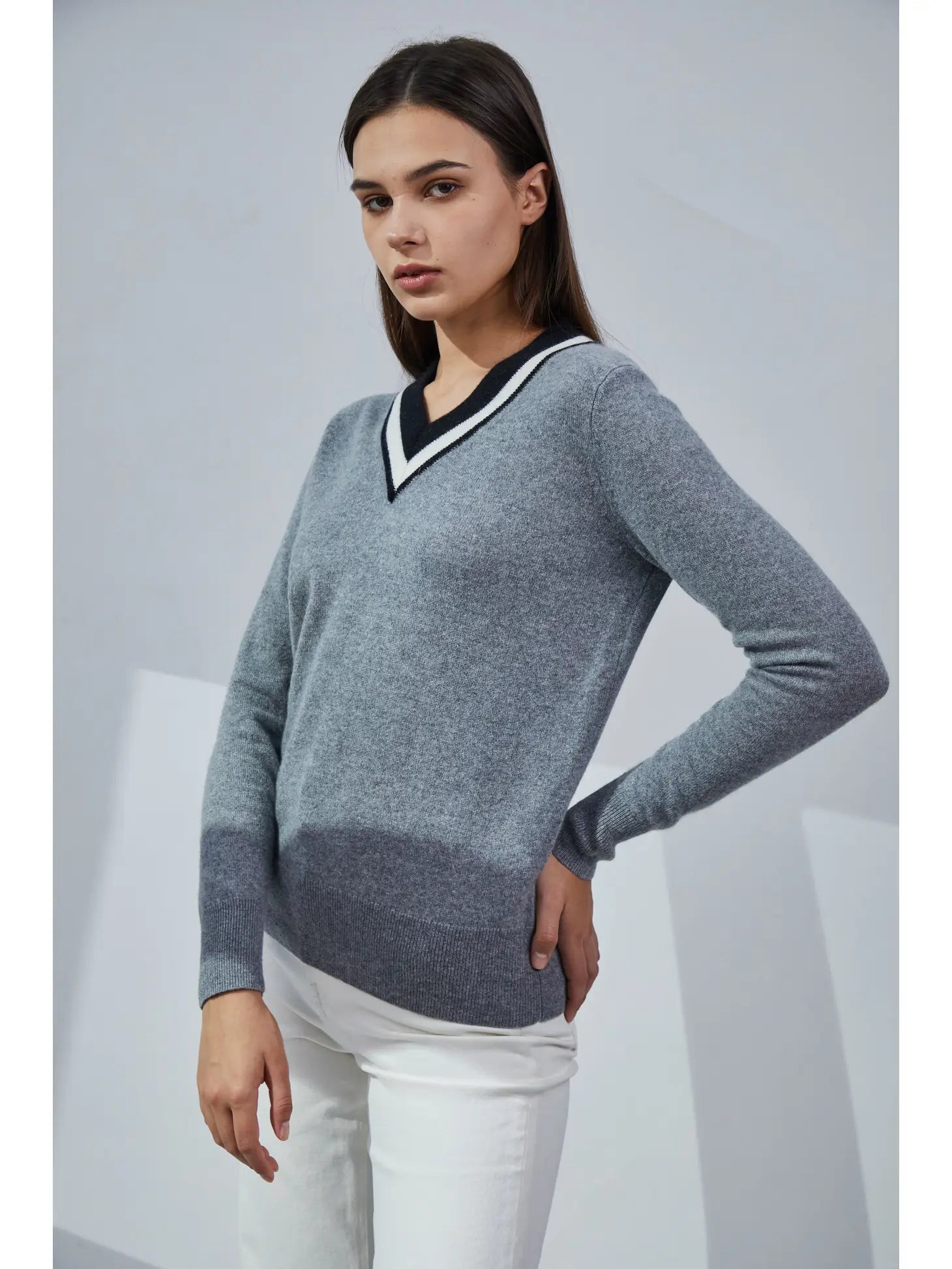 Heather Grey V Neck Cashmere Sweater